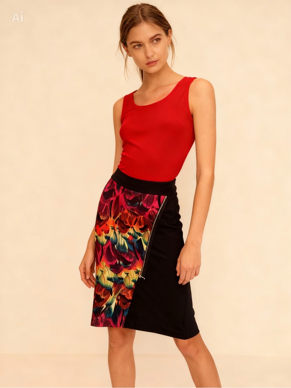 Worthington Black Pencil Skirt with Vibrant Floral Panel